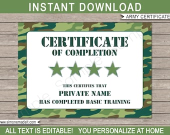 Boot Camp Certificate of Completion Template - Printable Green Camo Army Basic Training Theme Birthday Party Favors - EDITABLE TEXT DOWNLOAD