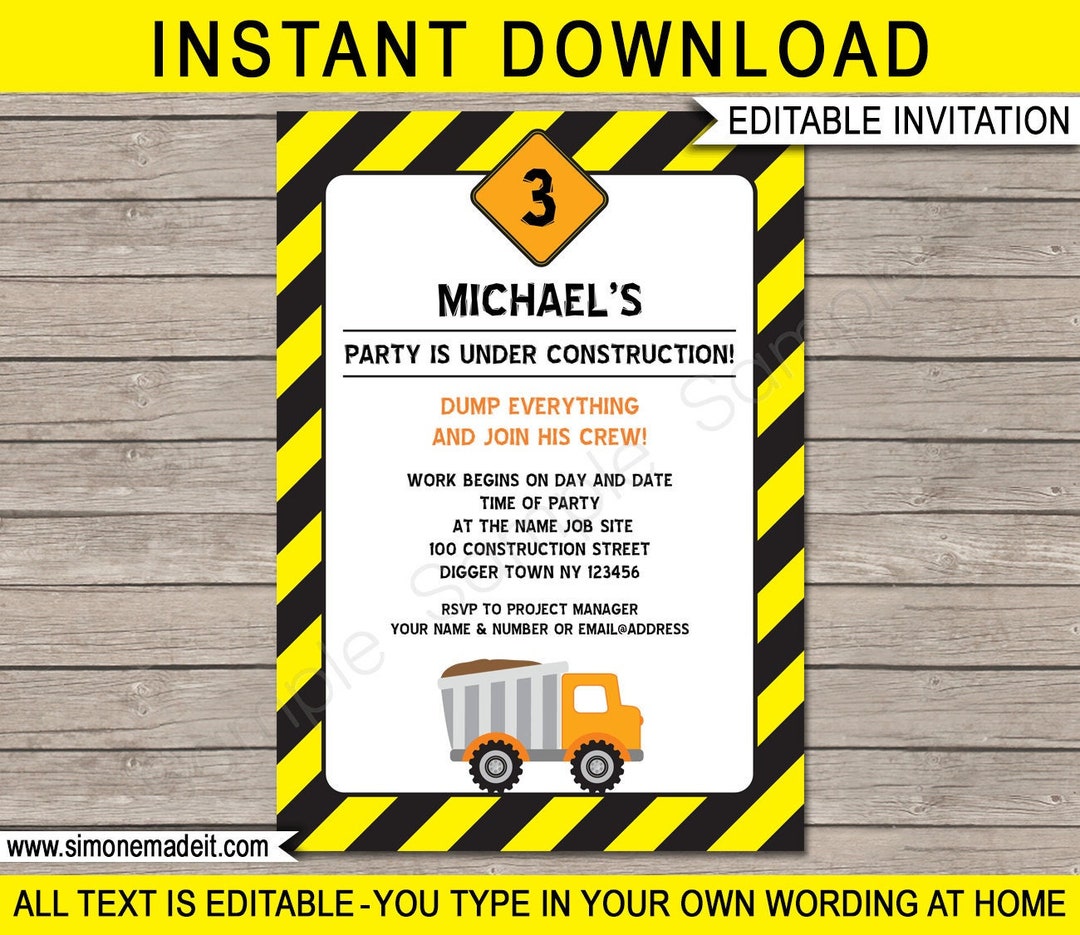 Construction Invitation Template - Printable Birthday Party Invite ...