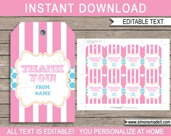 Circus Favor Tags Template - Thank You Tags - Birthday Party Favors - Pink and Aqua - INSTANT DOWNLOAD with EDITABLE text - you personalize