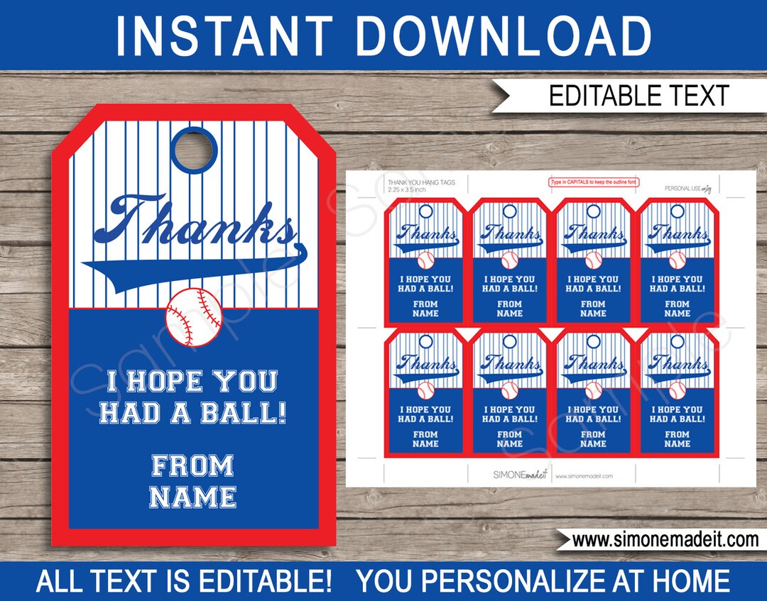 Baseball Favor Tags - Thank You Tags - Birthday Party Favors - INSTANT ...