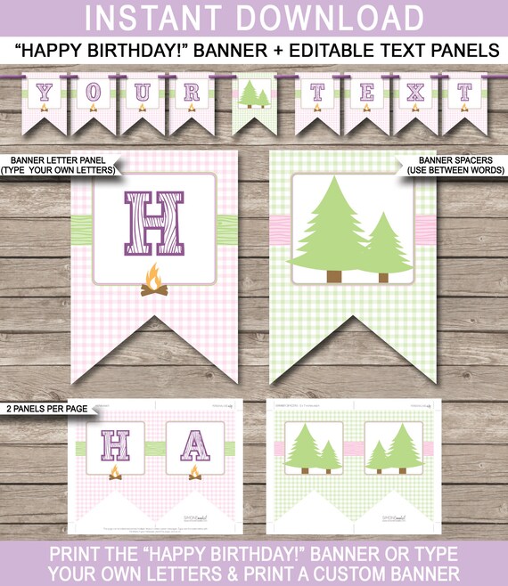Glamping Party Banner Template - Prinatble Custom Happy Birthday Banner - Glam Camping Decorations - INSTANT DOWNLOAD with EDITABLE text Il_570xn