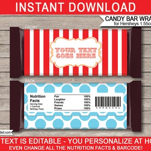 Red & Aqua Circus Hersheys Candy Bar Wrapper Template - Printable Birthday Party Decorations - Favors, Gifts - Carnival Theme - INSTANT DOWNLOAD - EDITABLE Text