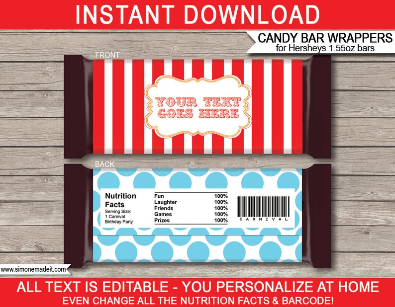 Red & Aqua Circus Hersheys Candy Bar Wrapper Template - Printable Birthday Party Decorations - Favors, Gifts - Carnival Theme - INSTANT DOWNLOAD - EDITABLE Text