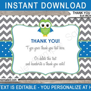 Owl Party Thank You Cards Printable Thank You Notes Owl Theme Birthday Party 4x6 inch INSTANT DOWNLOAD with EDITABLE text image 1