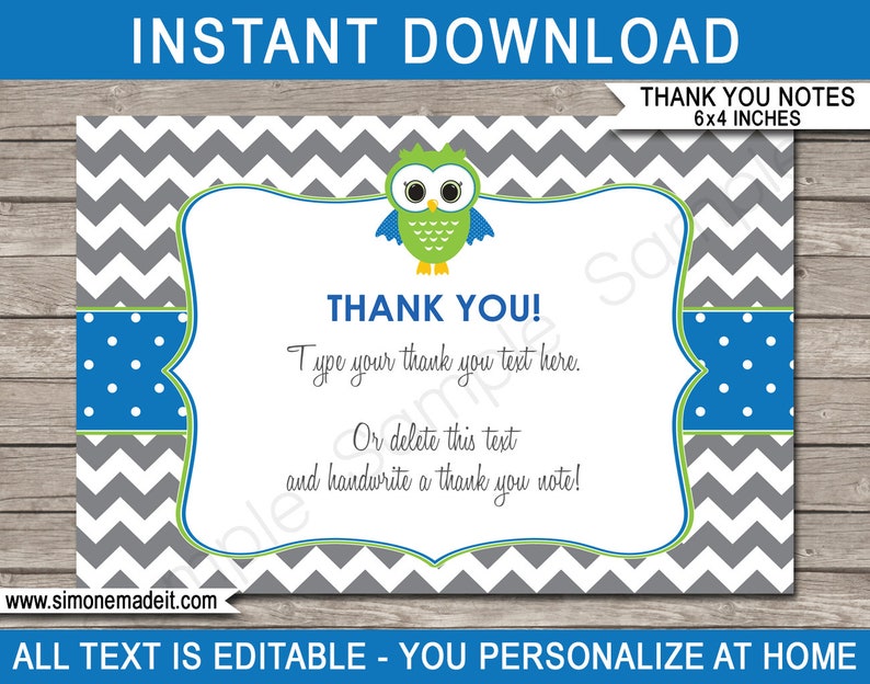 Owl Party Thank You Cards Printable Thank You Notes Owl Theme Birthday Party 4x6 inch INSTANT DOWNLOAD with EDITABLE text image 1