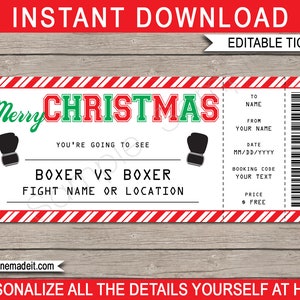 Weihnachten Boxing Ticket Geschenk - Überraschungs Boxing Match Ticket - Druckbare Gutschein Zertifikat Vorlage - INSTANT DOWNLOAD mit EDITIERBARE Text