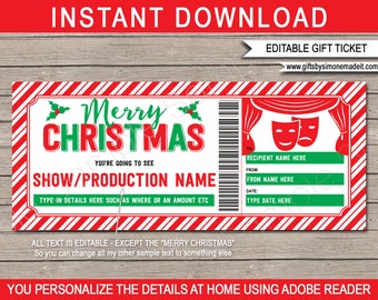 Theatre Ticket Template - Broadway West End Show Performance - Printable Christmas Gift Certificate Voucher Coupon - EDITABLE text DOWNLOAD