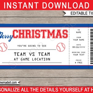 Baseball Game Ticket Weihnachtsgeschenk Vorlage - Surprise Ticket to Baseball Game Voucher - Coupon - INSTANT DOWNLOAD mit EDITIERBARE Text