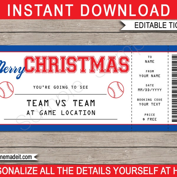 Baseball Game Ticket Christmas Gift Template - Surprise Ticket to Baseball Game Voucher - Coupon - INSTANT DOWNLOAD with EDITABLE text