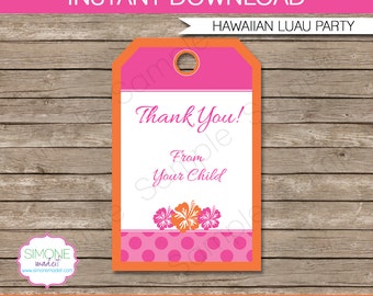 Hawaiian Luau Favor Tags - Thank You Tags - Birthday Party Favors - INSTANT DOWNLOAD with EDITABLE text template - you personalize at home