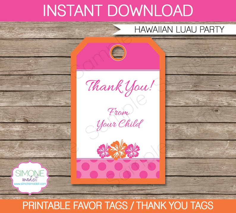 Hawaiian Luau Favor Tags Thank You Tags Birthday Party Favors INSTANT DOWNLOAD with EDITABLE text template you personalize at home image 1