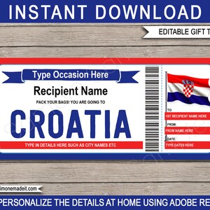Croatia Travel Ticket Template - Printable Boarding Pass - Gift Voucher - Surprise Trip Reveal - INSTANT DOWNLOAD - Editable Text