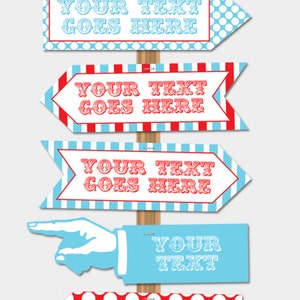Circus Directional Signs Direction Arrows - Red Aqua - Carnival or Circus Party Theme - Welcome Signs - INSTANT DOWNLOAD - EDITABLE text - comes in 2 sizes