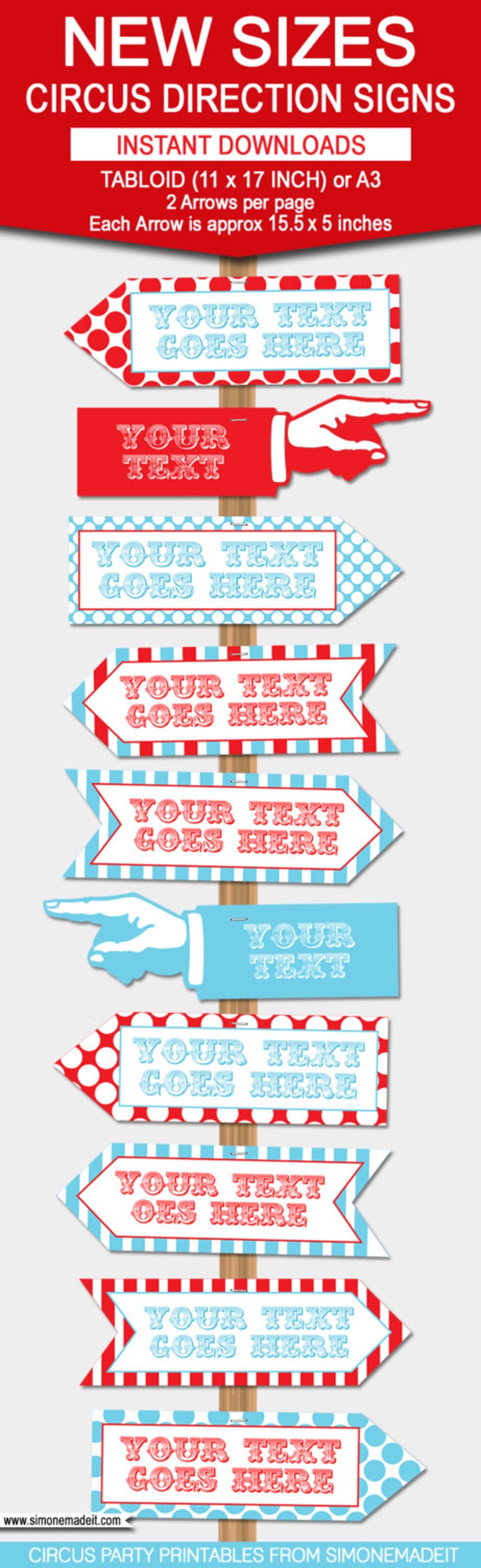 Circus Directional Signs Direction Arrows - Red Aqua - Carnival or Circus Party Theme - Welcome Signs - INSTANT DOWNLOAD - EDITABLE text - comes in 2 sizes