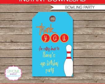 Bowling Birthday Favor Tags: Editable Thank You Notes (Instant Download)
