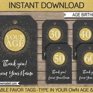K&ouml;nnte beinhalten: Bearbeitbare Geschenkanh&auml;nger f&uuml;r eine Geburtstagsfeier. Die Anh&auml;nger sind schwarz mit goldenem Glitzer und einem Kreis mit dem Text "YOUR AGE" in der Mitte. Es gibt vier Anh&auml;nger mit den Zahlen 30, 40, 50 und 60 in der Mitte des Kreises. Der Text "Thank you! from Your Name" befindet sich am unteren Rand jedes Anh&auml;ngers.