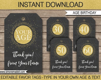 Age Birthday Favor Tags - Thank You Tags - 30th 40th 50th 60th etc - INSTANT DOWNLOAD with EDITABLE text - you personalize with name and age