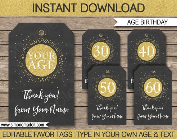Age Birthday Favor Tags: Editable Text, Printable PDF (Instant Download)