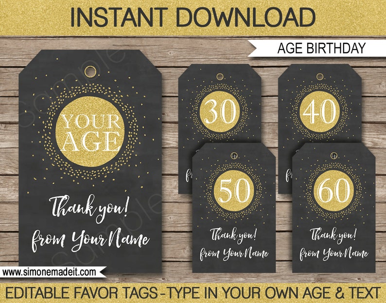 K&ouml;nnte beinhalten: Bearbeitbare Geschenkanh&auml;nger f&uuml;r eine Geburtstagsfeier. Die Anh&auml;nger sind schwarz mit goldenem Glitzer und einem Kreis mit dem Text "YOUR AGE" in der Mitte. Es gibt vier Anh&auml;nger mit den Zahlen 30, 40, 50 und 60 in der Mitte des Kreises. Der Text "Thank you! from Your Name" befindet sich am unteren Rand jedes Anh&auml;ngers.