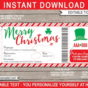Modello di carta d'imbarco per l'Irlanda - Biglietto aereo regalo di Natale stampabile - Rivelazione del viaggio a sorpresa - DOWNLOAD IMMEDIATO - Testo MODIFICABILE