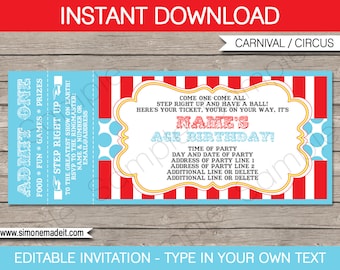 Circus Party Ticket Invitation Template - Carnival Party - Circus Party - INSTANT DOWNLOAD with EDITABLE text - you personalize at home