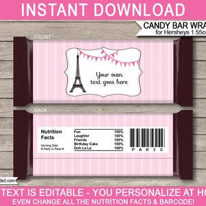 Paris Party Candy Bar Wrappers Template Printable Birthday Party Favors Chocolate Labels Paris Theme EDITABLE TEXT DOWNLOAD image 1