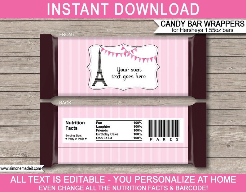 Paris Party Candy Bar Wrappers Template Printable Birthday Party Favors Chocolate Labels Paris Theme EDITABLE TEXT DOWNLOAD image 1