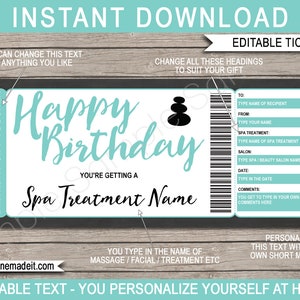 Birthday Spa Gift Certificate Voucher Coupon Printable Template - Massage Facial Body Wrap Scrub Manicure Pedicure Treatment - DOWNLOAD