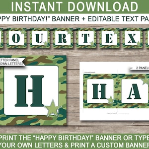 Camo Army Party Banner Template - Printable Custom Happy Birthday Banner Decorations - Boot Camp - INSTANT DOWNLOAD with EDITABLE text