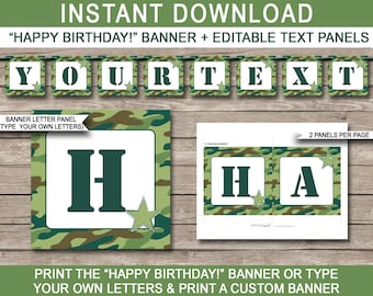Camo Army Party Banner Template - Printable Custom Happy Birthday Banner Decorations - Boot Camp - INSTANT DOWNLOAD with EDITABLE text
