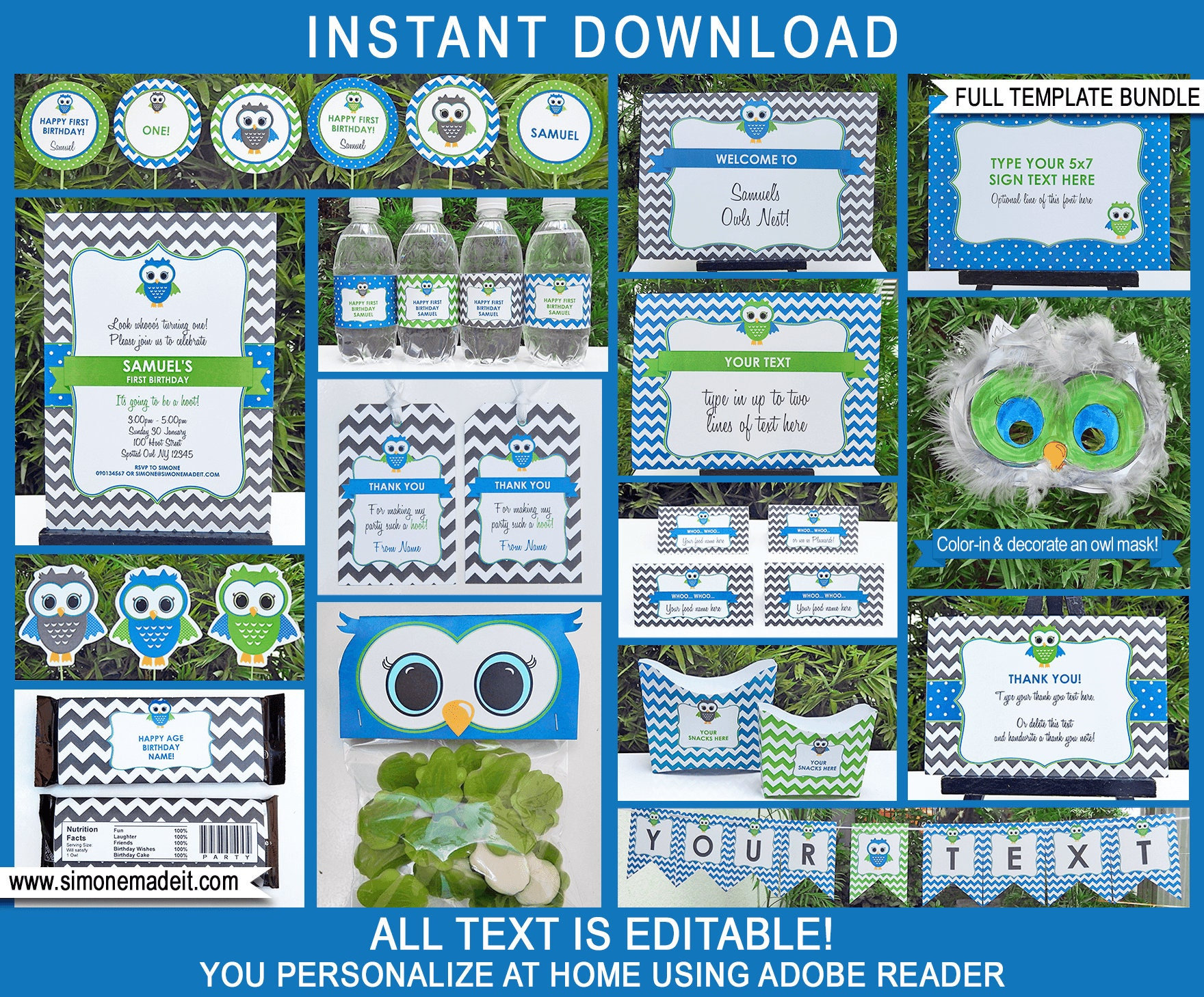 Boy Owl Birthday Party Decorations: Printable Invitation Bundle (EDITABLE Text) (Instant Download)