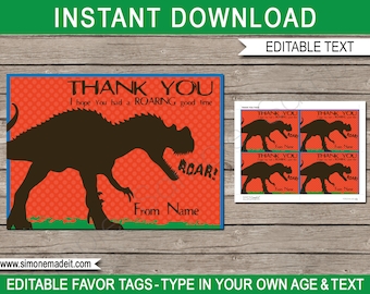 Dinosaur Birthday Favor Tags: Editable Thank You Notes (Digital Download)