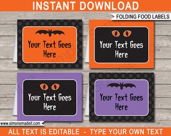 Halloween Food Labels Template - Printable Party Decorations - Folding Buffet Tags - Place Cards - INSTANT DOWNLOAD with EDITABLE text