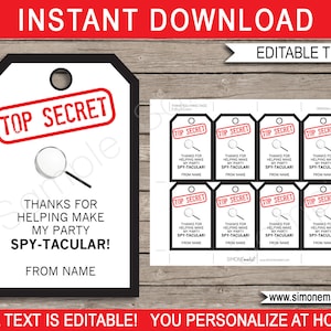 Spy Party Favor Tags of Thank You Tags - Secret Agent Birthday Party - INSTANT DOWNLOAD met BEWERKBARE tekst - u personaliseert thuis