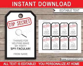 Spy Party Favor Tags or Thank You Tags - Secret Agent Birthday Party - INSTANT DOWNLOAD with EDITABLE text - you personalize at home