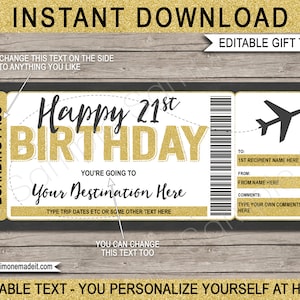 Plantilla de tarjeta de embarque de 21 cumpleaños - Regalo de viaje sorpresa - Cupón de billete de avión falso - Destino de vuelo en avión - DESCARGA DE TEXTO EDITABLE