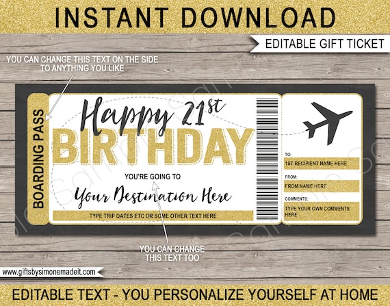 21st Birthday Boarding Pass Template - Surprise Trip Gift - Fake Plane Ticket - Airplane Flight Destination - INSTANT DOWNLOAD text EDITABLE Il_570xn