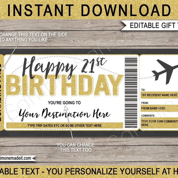 21st Birthday Boarding Pass Template - Surprise Trip Gift - Fake Plane Ticket Coupon - Airplane Flight Destination - EDITABLE TEXT DOWNLOAD