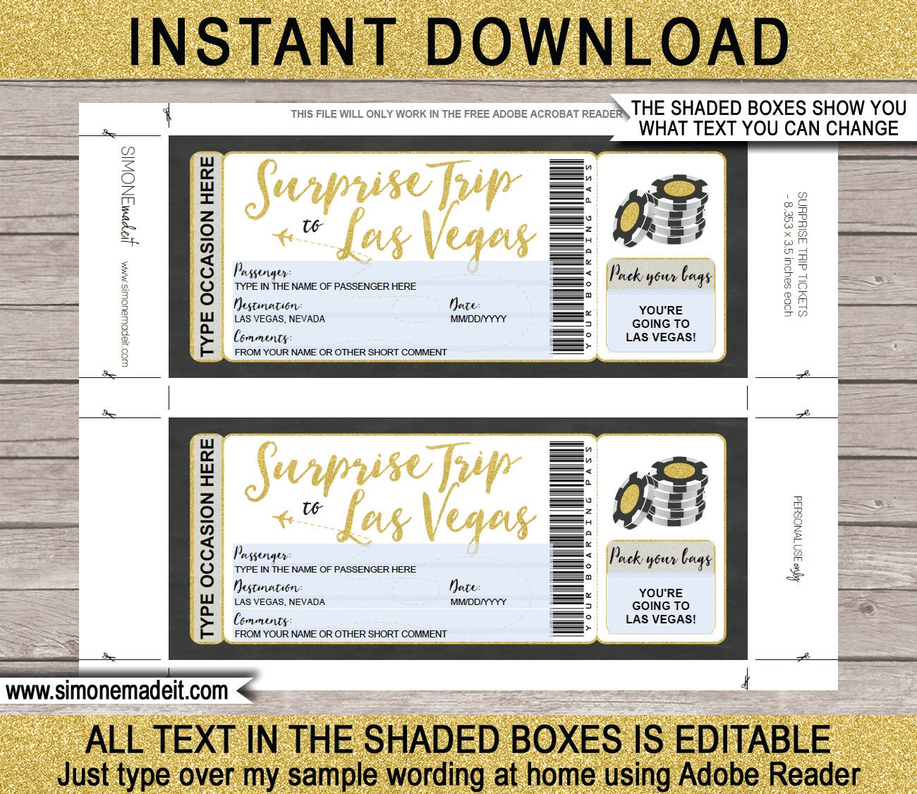 Printable Ticket to Las Vegas Boarding Pass Gift Template Etsy Canada