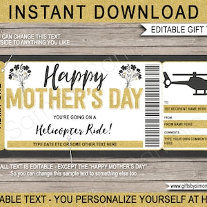 Mothers Day Helicopter Ride Ticket Template - Coupon Gift Certificate Voucher Card - Printable Experience - INSTANT DOWNLOAD - EDITABLE text