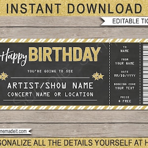 Geburtstags-Konzertticket-Geschenk - Druckbarer Geschenkgutschein, Zertifikat, Ticket-Coupon - Überraschungskonzert, Show, Band - EDITIERBARER TEXT-DOWNLOAD
