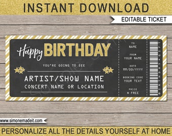 Birthday Concert Ticket Gift - Printable Gift Voucher, Certificate, Ticket Coupon - Surprise Concert, Show, Band - EDITABLE TEXT DOWNLOAD