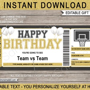 Modèle de ticket de basket-ball, cadeau d'anniversaire, ticket de match surprise, coupon de chèque-cadeau imprimable, TÉLÉCHARGEMENT MODIFIABLE