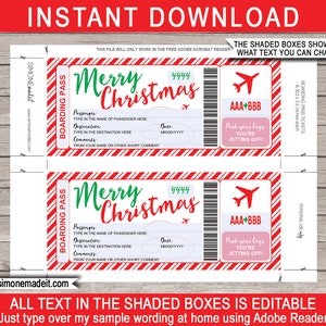 Christmas Boarding Pass Template Ticket Surprise Reise offenbaren, Flug, Urlaub, Urlaub Gefälschtes Flugzeugticket INSTANT DOWNLOAD EDITIERBAR Bild 2