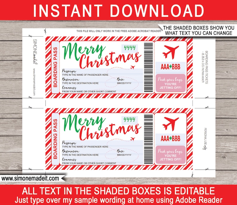Christmas Boarding Pass Template Ticket Surprise Reise offenbaren, Flug, Urlaub, Urlaub Gefälschtes Flugzeugticket INSTANT DOWNLOAD EDITIERBAR Bild 2