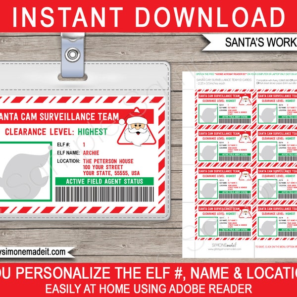 Elf ID Card Printable Template - Lost Elf License Christmas Santa Cam Surveillance Team - Santa's Workshop North Pole - INSTANT DOWNLOAD