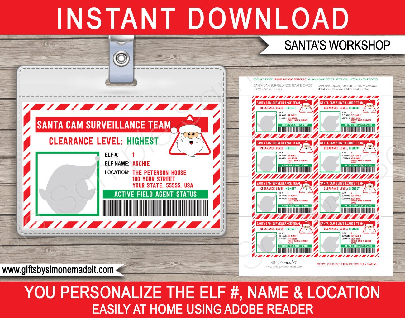 Lost Elf ID Card Printable Template - Christmas Santa Cam Surveillance Team  - Santa