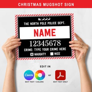 Christmas Mugshot Sign Template, Printable North Pole Photo Booth Prop, Canva and Adobe