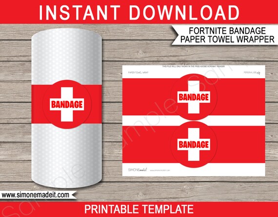 bandage wrappers birthday party decorations printable video game theme kitchen paper towel wrap template instant download - free printable fortnite party invitations