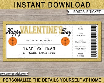 Basketball Ticket Valentines Day Printable Gift Voucher  - Surprise Basketball Game Ticket - INSTANT DOWNLOAD with EDITABLE text - you edit